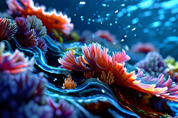 AI generated underwater landscape with and bioluminescent creatures