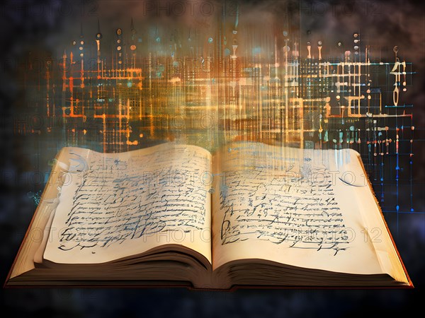 AI generated ancient manuscript with text gradually transforming into a glowing digital code