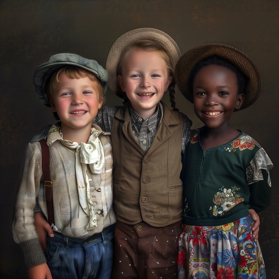 Three children smiling in retro clothes and accessories, evoking a nostalgic feeling, group picture with laughing children of different nationalities and cultures, KI generated, AI generated