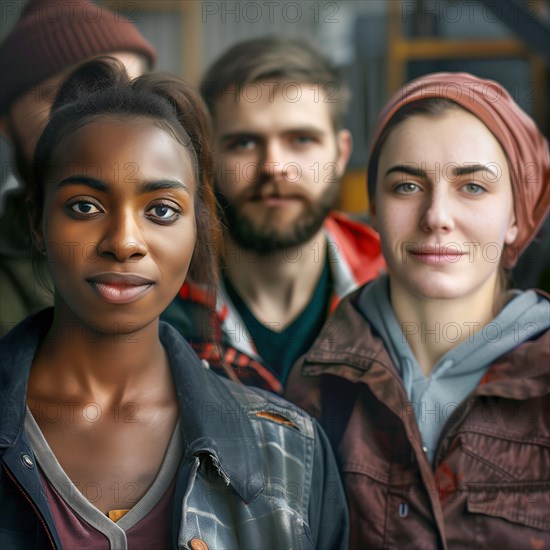 Four young adults with serious features stand together, showing diversity and co-operation, group picture with people in work clothes of different nationalities and cultures, KI generated, AI generated