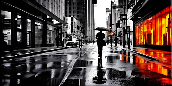 AI generated bustling street scene monochromatic snapshot with colorful digital elements