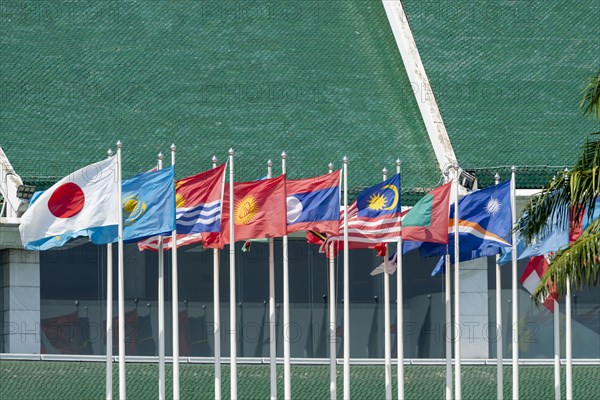 Many flags in front of the United Nations Conference Centre, Bangkok, Thailand, Asia