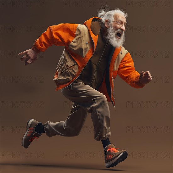 Old man in orange-brown clothing jumps dynamically with outstretched arms in front of a brown background, run, start, advert, special offer, AI generated