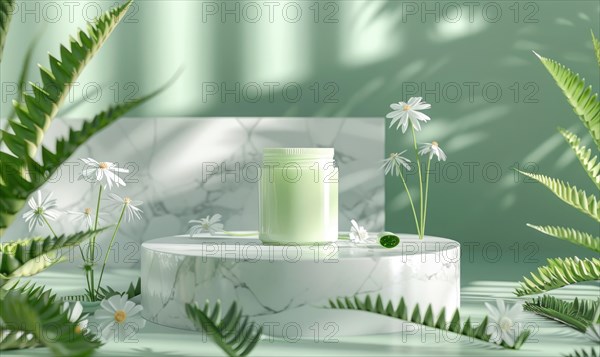 Aloe vera gel product promotion featuring a blank jar mockup showcased on a marble produce podium AI generated