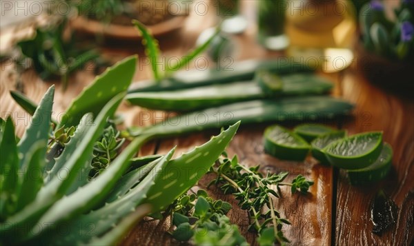 Close-up of aloe vera leaves and fresh herbs arranged on a wooden table AI generated