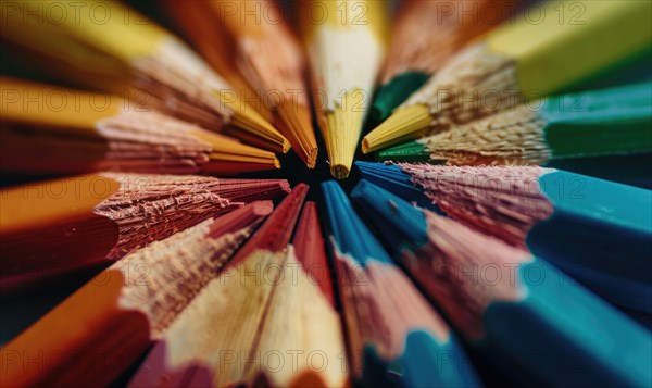 Close-up of a bunch of colored pencils, abstract background with colored pencils macro view AI generated