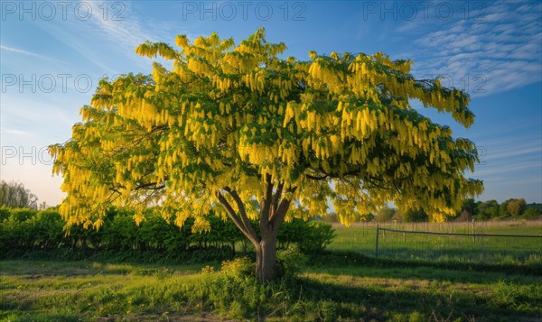 Laburnum tree in a countryside landscape AI generated