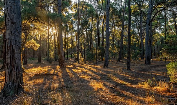 A tranquil pine forest, with sunlight filtering through the dense canopy AI generated