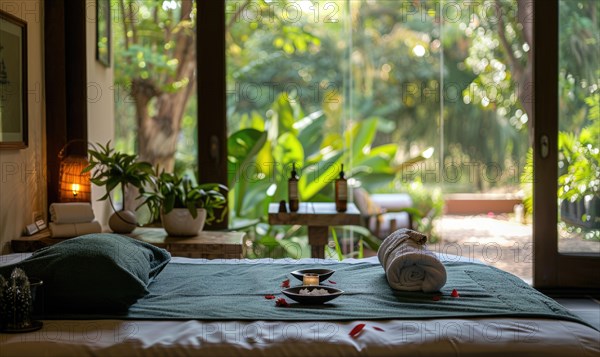 A tranquil spa retreat offering aloe vera infused facials and body treatments amidst lush greenery and natural surroundings AI generated