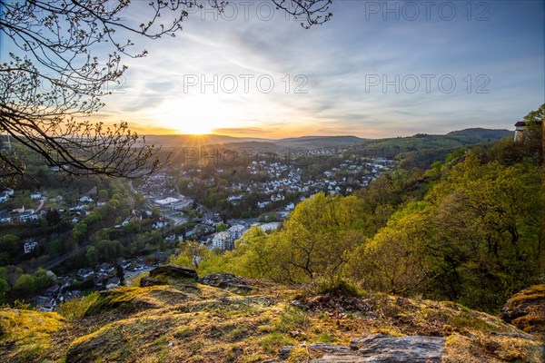 Landscape at sunrise. Beautiful morning environment with fresh green in spring. A small place in the middle of nature. taken from a small mountain, Taunus, Hesse, Germany, Europe