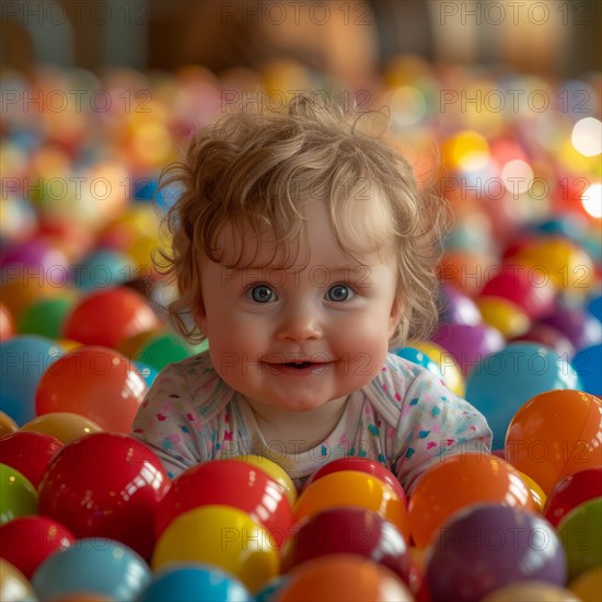 Cheerful baby smiling in a ball pit with a playful atmosphere and bright colors, AI Generated, AI generated