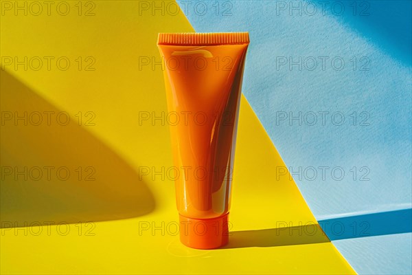 Orange sunscreen tube on yellow and blue studio background. KI generiert, generiert, AI generated