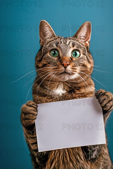 Tabby cat holding empty white sign in front of blue studio background. KI generiert, generiert, AI generated