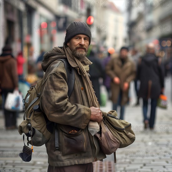 A homeless man with several rucksacks looks into the camera with a hint of hope in his eyes, AI generated
