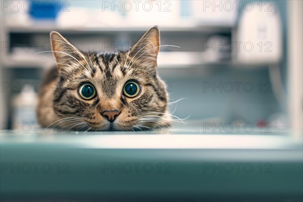 Scared cat on examination table in vet clinic. KI generiert, generiert, AI generated