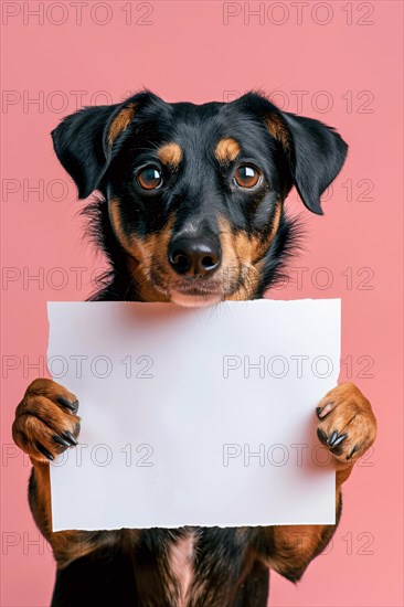 Dog holding empty white sign in front of pink studio background. KI generiert, generiert, AI generated