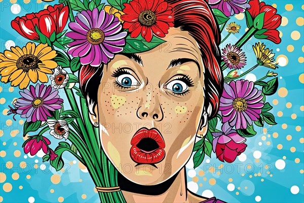 Surprised woman in pop art style surrounded by colourful flowers and dot pattern background, AI generated, AI generated