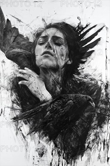 A monochrome drawing shows a woman closely intertwined with ravens, full of movement and emotion, AI generated, raven woman, book cover design, AI generated