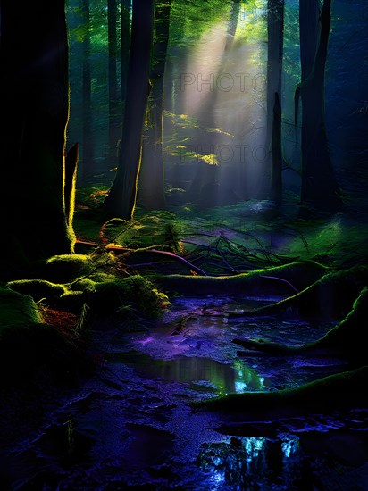 AI generated ethereal mystical forest scene with digital glow effects