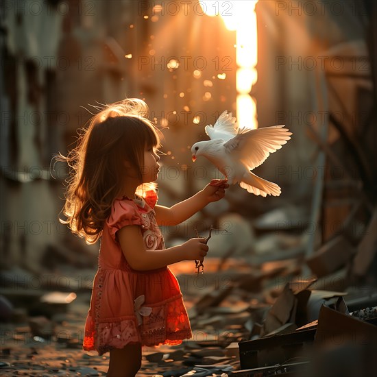 A little girl in ruins watches a pigeon land in a ray of the setting sun, destroyed houses, war, dove of peace, AI generated