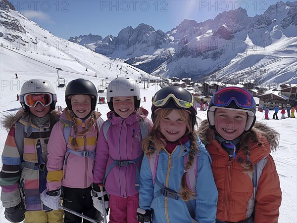 Children are traveling with a ski school in the mountains and learning to ski, AI generated