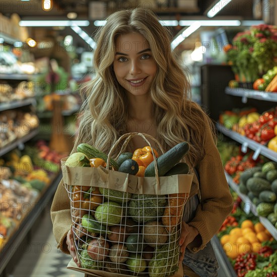 Shopping in supermarket with big paper bag full of vegetables and fruits, ai generated, AI generated