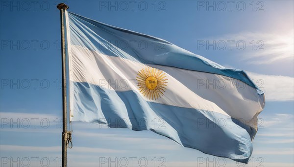 The flag of Argentina flutters in the wind, isolated against a blue sky