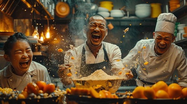 Asian Chefs laughing and having a fun time in a culinary kitchen with splashes of flour and other ingredients flying around, food action photography, AI generated