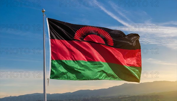 The flag of Malawi, fluttering in the wind, isolated, against the blue sky