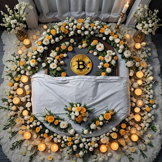 Creative conceptual image of a bitcoin symbol atop a flower-covered casket, symbolizing the end of the cryptocurrency era, AI generated