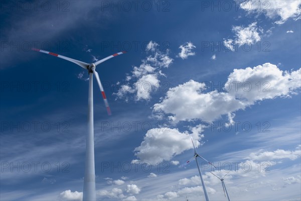 Wind turbines near the Avacon substation Helmstedt, Helmstedt, Lower Saxony, Germany, Europe