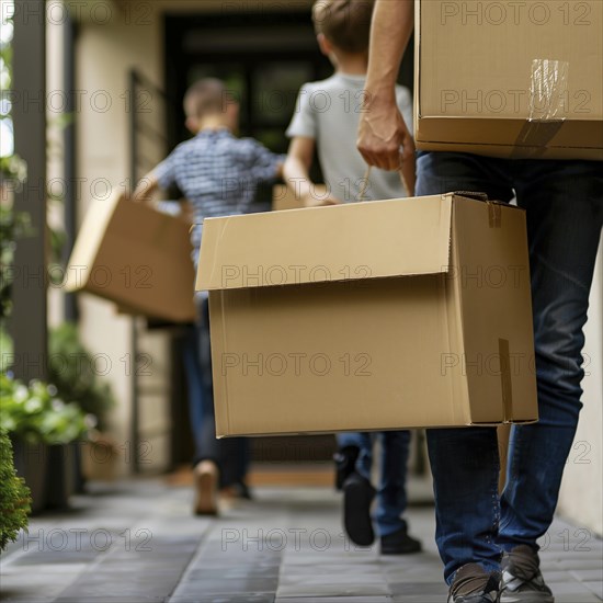 A family carries boxes to a new home, relocation, apartment relocation, housing shortage, AI generated