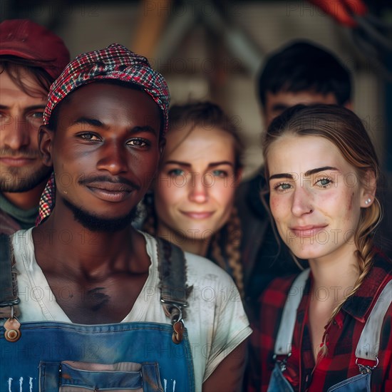 A diverse group of friends in work clothes posing together and smiling, group picture with people in work clothes of different nationalities and cultures, AI generated