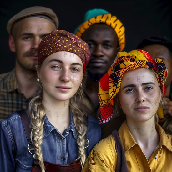 Three smiling friends with colourful headscarves look relaxed into the camera, group picture with people in work clothes of different nationalities and cultures, AI generated