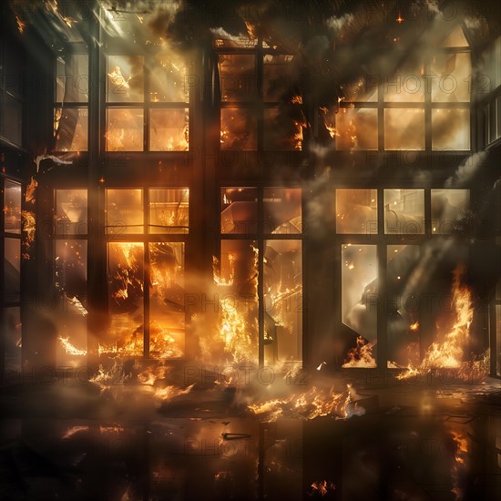 A building is in flames at night, visible through numerous glass windows, indicating complete destruction, AI generated