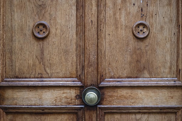 Application on wood, antiqued door fitting on a historic front door, Old Town Lindau (Lake Constance), Bavaria, Germany, Europe