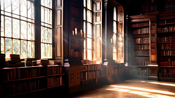 AI generated old library with antique wooden bookshelves