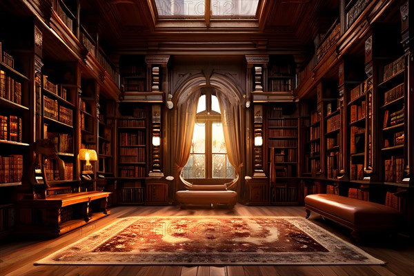 AI generated old library with antique wooden bookshelves