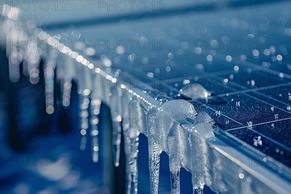 Close up of frozen photovoltaic solar panel covered in ice. KI generiert, generiert, AI generated