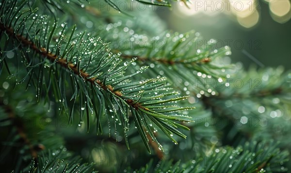 Close-up of pine needles covered in morning dew AI generated