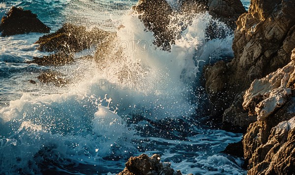 Close-up of waves crashing against rocks along the shoreline AI generated