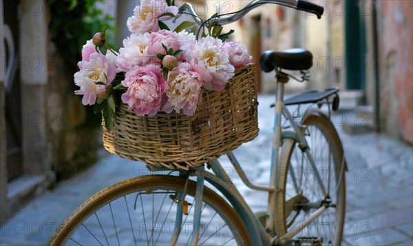 A vintage bicycle adorned with peony flowers in a basket AI generated