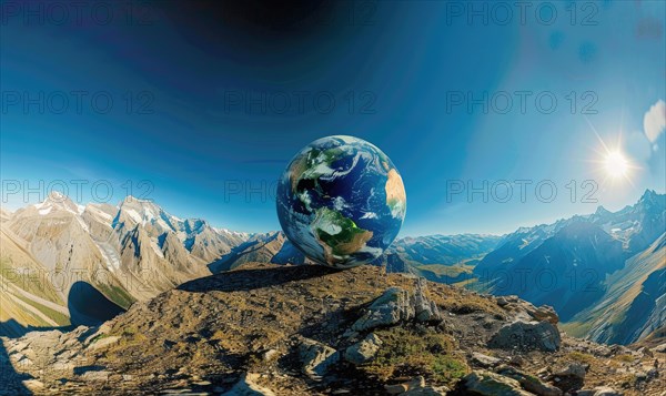 An Earth globe set against a mountain backdrop with a clear blue sky AI generated