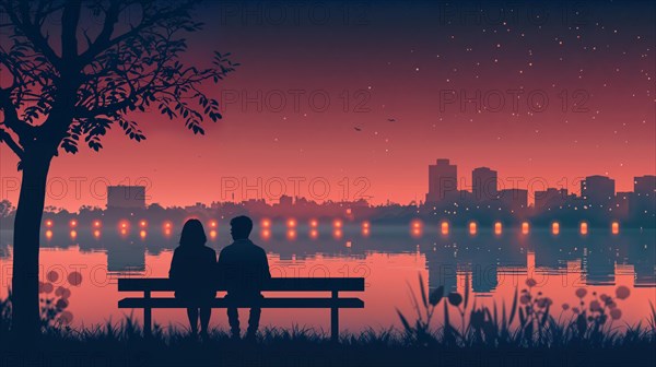 A couple enjoy a romantic moment on a bench against the night-time city backdrop, AI generated, AI generated
