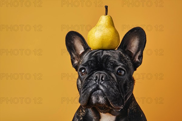 Funny dog with pear fruit on head in front of studio background. KI generiert, generiert, AI generated