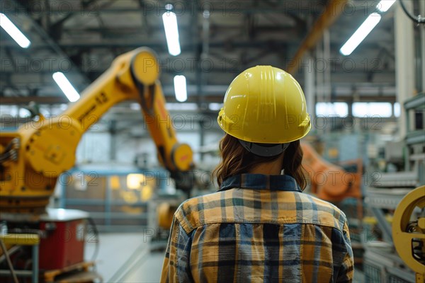 Back view of worker with safety helmet in factory. KI generiert, generiert, AI generated