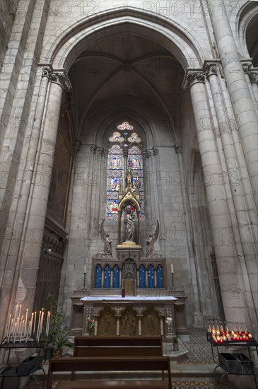 Marian altar with sacrificial candles, Notre Dame de l'Assomption Cathedral, Lucon, Vendee, France, Europe