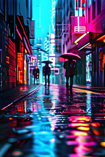 AI generated urban street with bustling city life and digital art