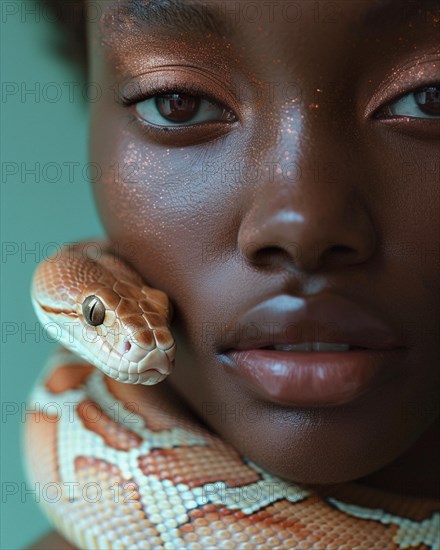 Close-up of a serene woman with freckles and a snake coiled around, blurry teal turquoise solid background, beauty studio lighs, fashion artsy make up, high concept potraiture, AI generated