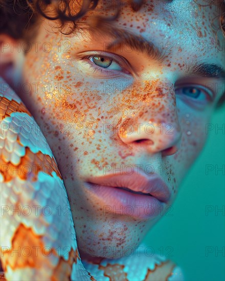 Portrait of caucasian red-haired male with freckles against aqua, blurry teal turquoise solid background, beauty product studio lights, fashion artsy make up, high concept potraiture, AI generated